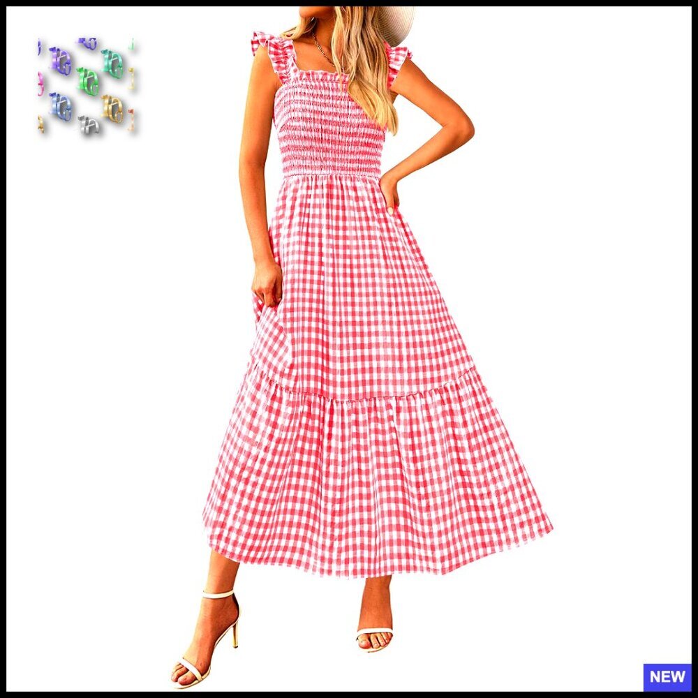 Square Neck Ruffle Strap Smocked Midi Dress Flowy A-Line Gingham Casual Chic - Picture 1 of 7